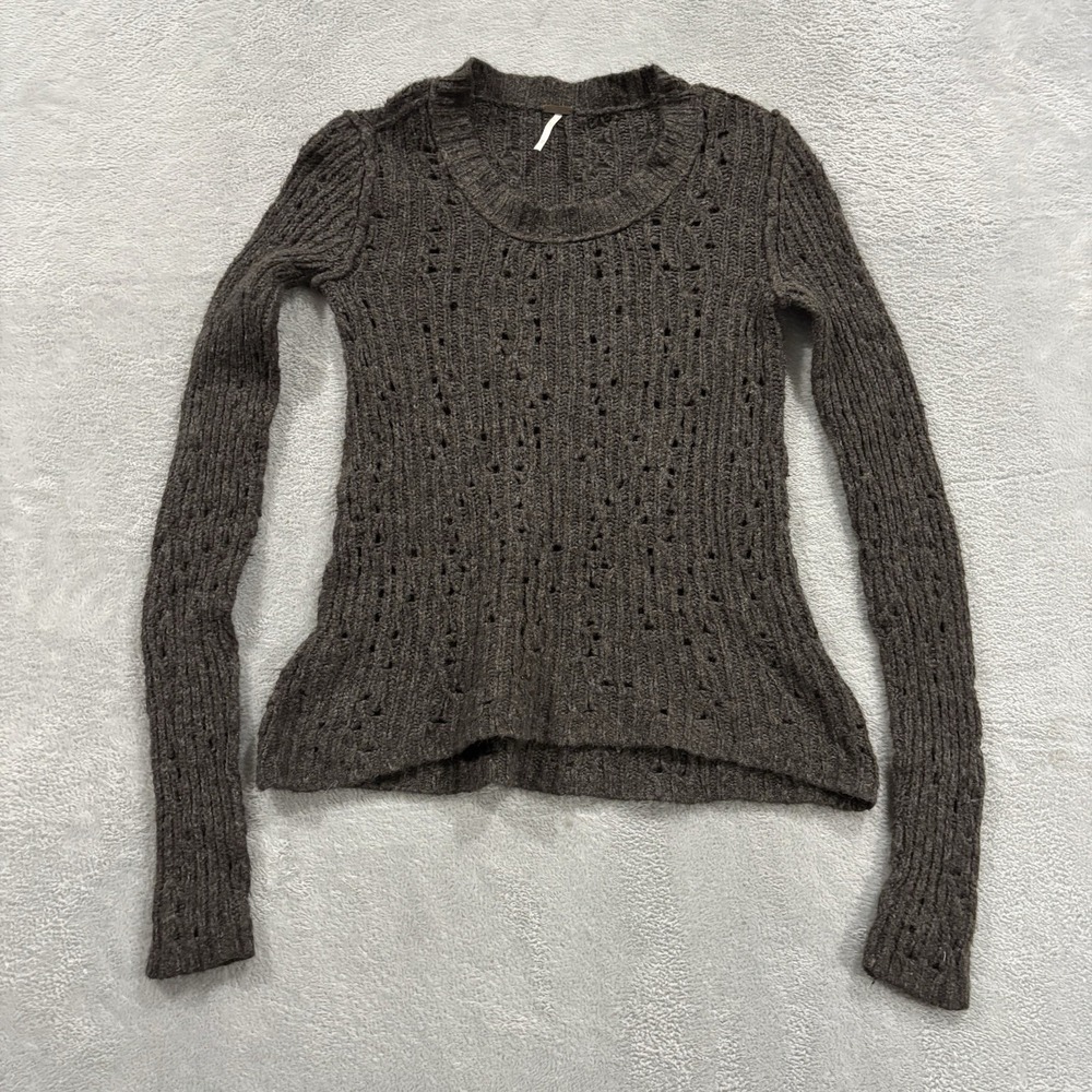 Free People Sweater Women's XS Open Knit Crewneck Long Sleeve Cozy Brown
